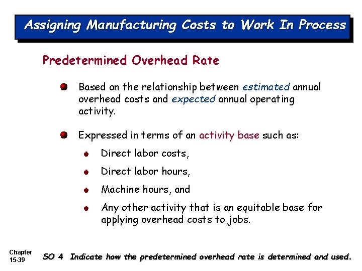 Assigning Manufacturing Costs to Work In Process Predetermined Overhead Rate Based on the relationship