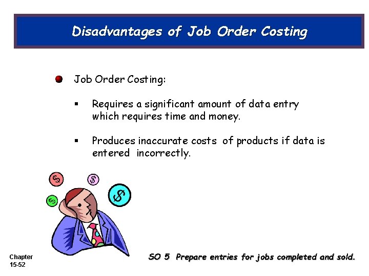 Disadvantages of Job Order Costing: Chapter 15 -52 § Requires a significant amount of