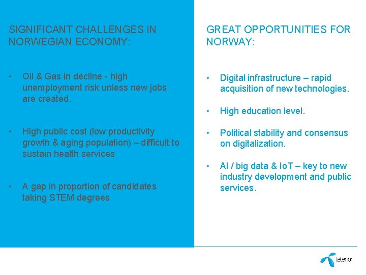 SIGNIFICANT CHALLENGES IN NORWEGIAN ECONOMY: GREAT OPPORTUNITIES FOR NORWAY: • • Digital infrastructure –