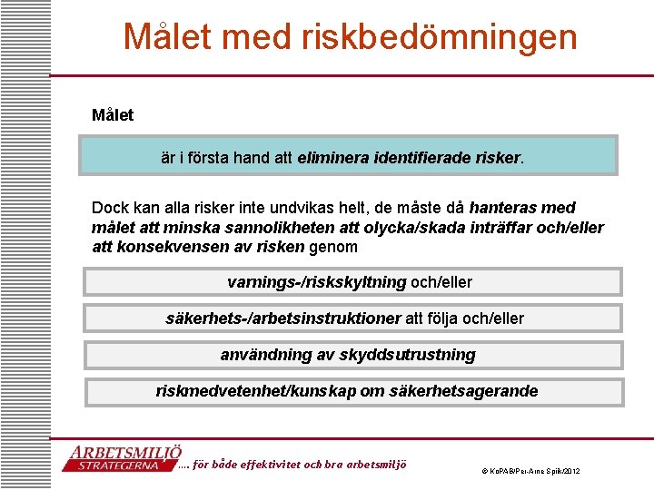 Målet med riskbedömningen Målet är i första hand att eliminera identifierade risker. Dock kan