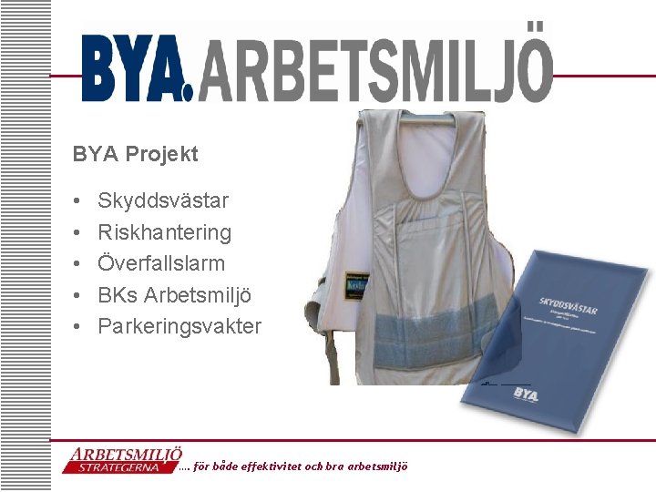 BYA Projekt • • • Skyddsvästar Riskhantering Överfallslarm BKs Arbetsmiljö Parkeringsvakter …. för både