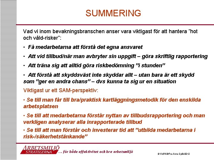 SUMMERING Vad vi inom bevakningsbranschen anser vara viktigast för att hantera ”hot och våld-risker”: