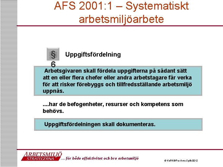 AFS 2001: 1 – Systematiskt arbetsmiljöarbete § 6 Uppgiftsfördelning Arbetsgivaren skall fördela uppgifterna på