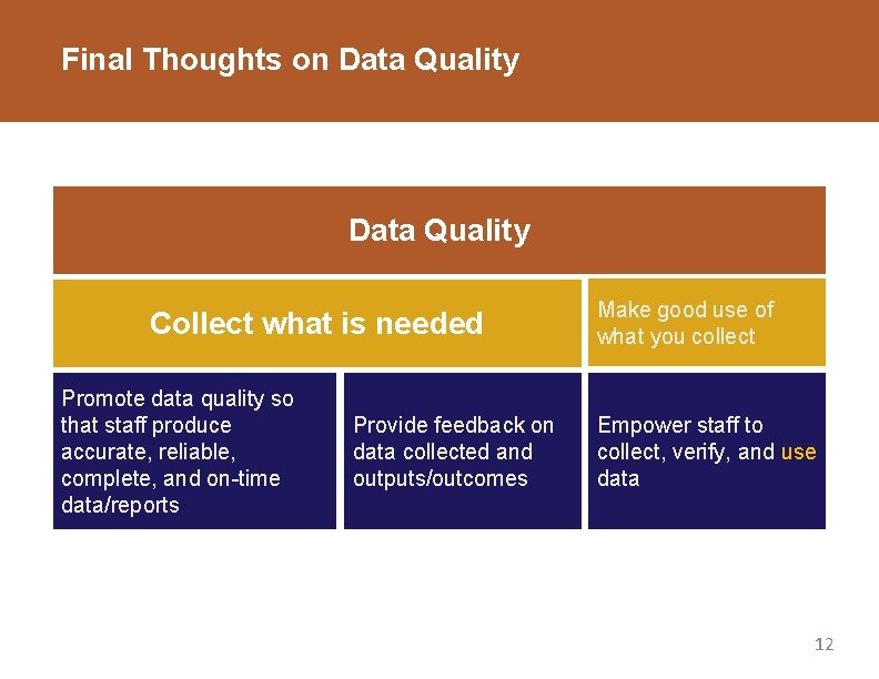 Final Thoughts on Data Quality Collect what is needed Promote data quality so that