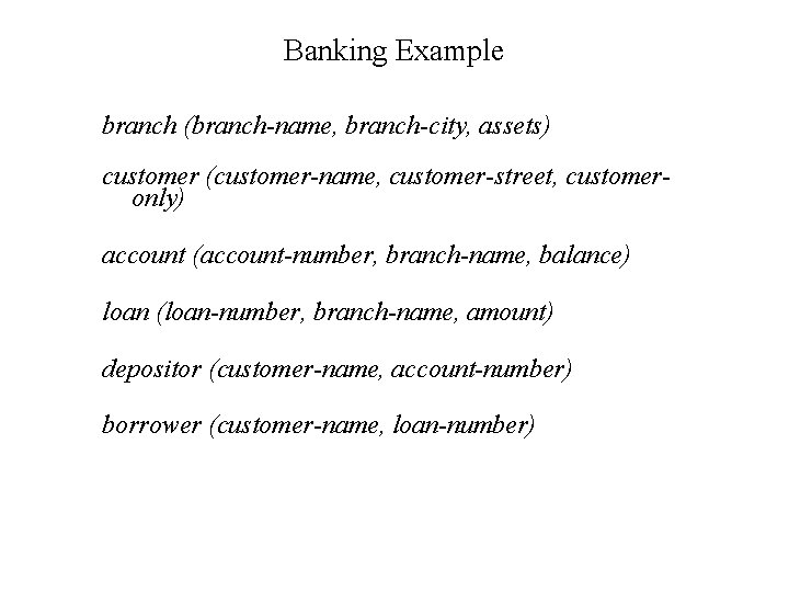 Banking Example branch (branch-name, branch-city, assets) customer (customer-name, customer-street, customeronly) account (account-number, branch-name, balance)