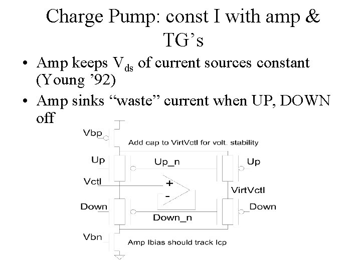 Charge Pump: const I with amp & TG’s • Amp keeps Vds of current