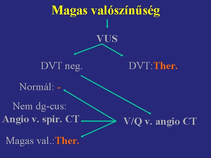 Magas valószínűség VUS DVT neg. DVT: Ther. Normál: Nem dg-cus: Angio v. spir. CT