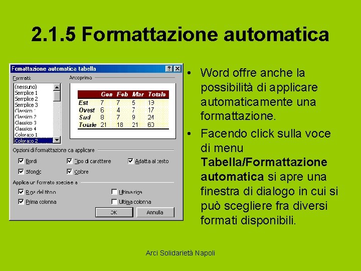 2. 1. 5 Formattazione automatica • Word offre anche la possibilità di applicare automaticamente