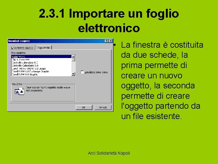 2. 3. 1 Importare un foglio elettronico • La finestra è costituita da due