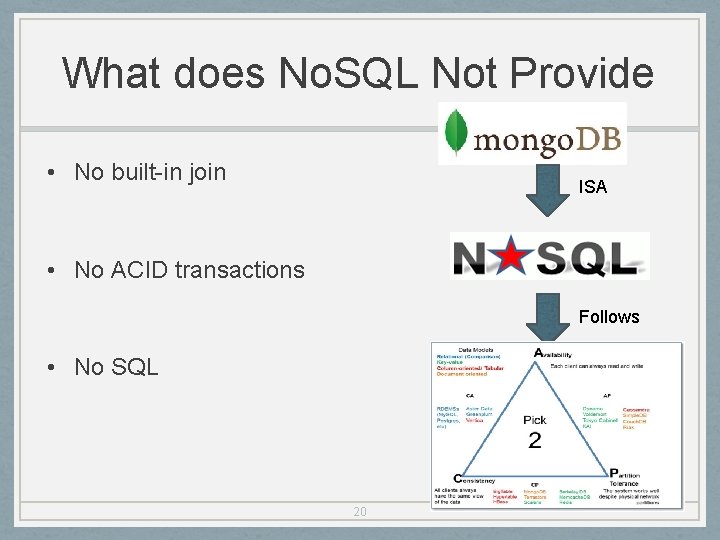 What does No. SQL Not Provide • No built-in join ISA • No ACID