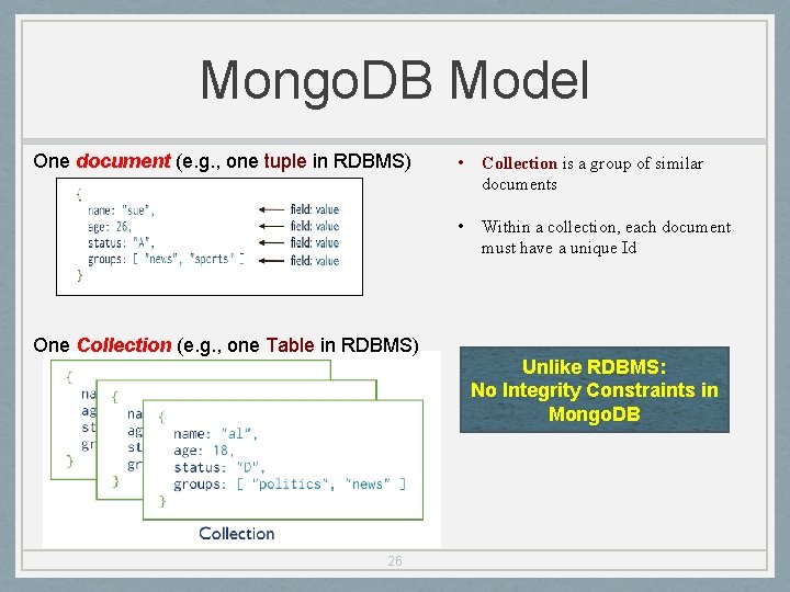 Mongo. DB Model One document (e. g. , one tuple in RDBMS) One Collection