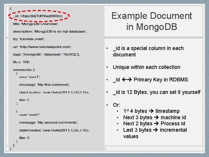 Example Document in Mongo. DB • _id is a special column in each document