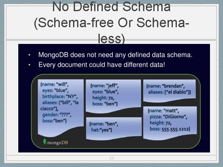 No Defined Schema (Schema-free Or Schemaless) 29 