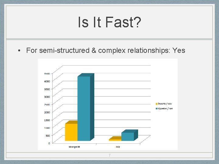 Is It Fast? • For semi-structured & complex relationships: Yes 7 