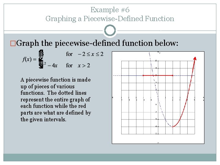 Example #6 Graphing a Piecewise-Defined Function �Graph the piecewise-defined function below: A piecewise function