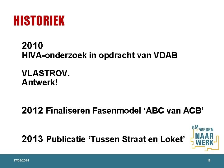 HISTORIEK 2010 HIVA-onderzoek in opdracht van VDAB VLASTROV. Antwerk! 2012 Finaliseren Fasenmodel ‘ABC van