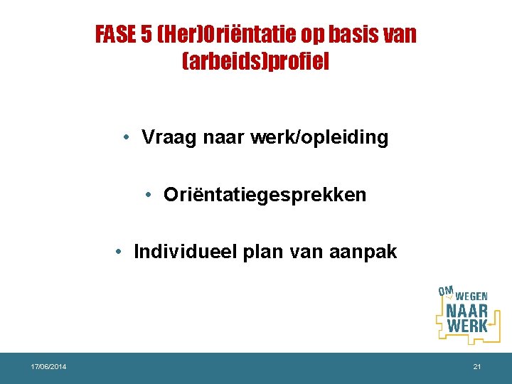 FASE 5 (Her)Oriëntatie op basis van (arbeids)profiel • Vraag naar werk/opleiding • Oriëntatiegesprekken •