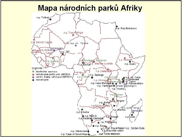 Mapa národních parků Afriky 