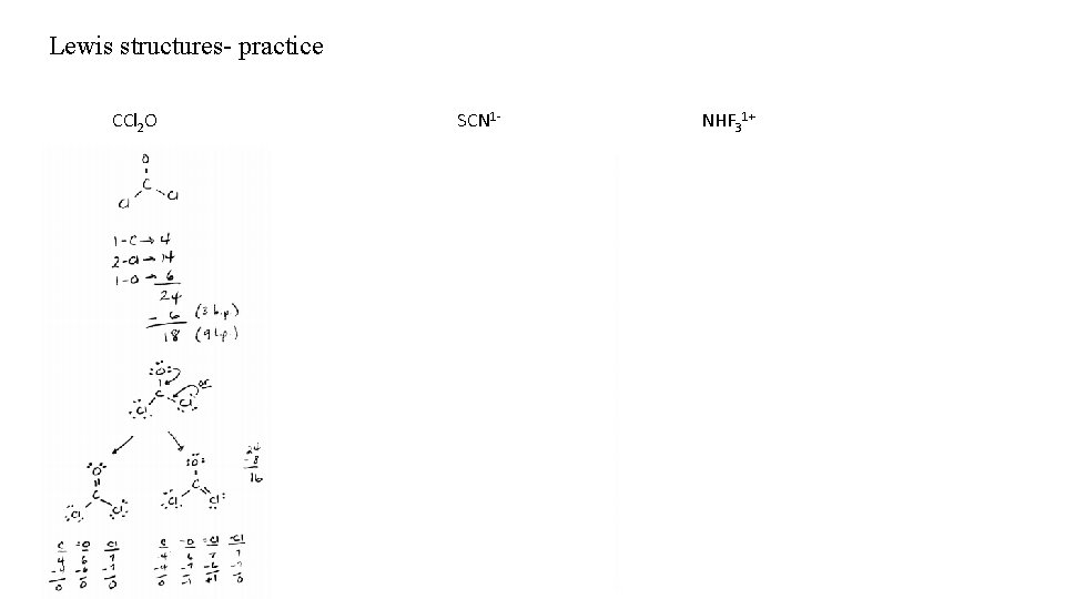 Lewis structures- practice CCl 2 O SCN 1 - NHF 31+ 