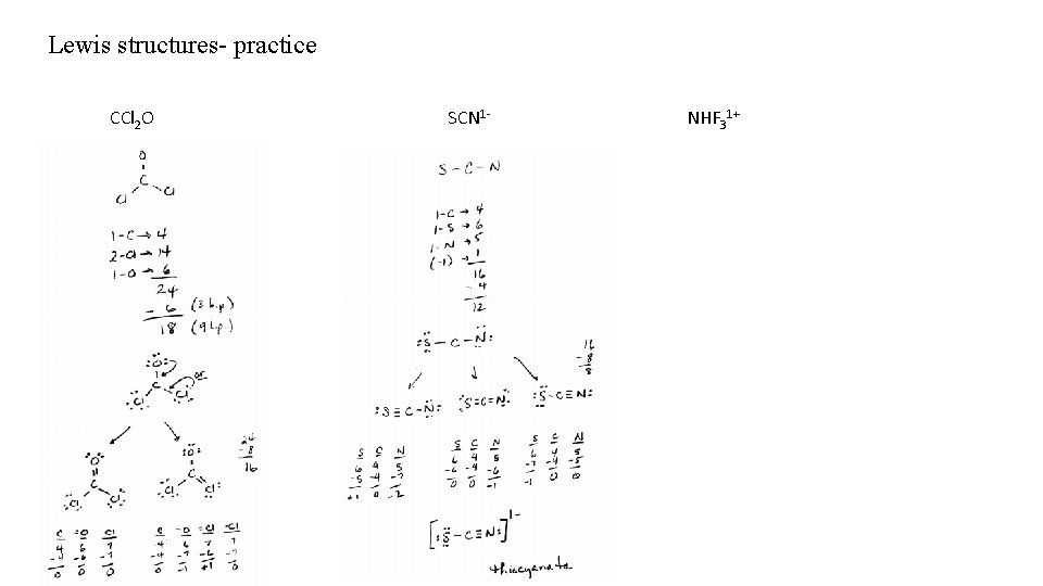Lewis structures- practice CCl 2 O SCN 1 - NHF 31+ 