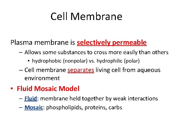 Cell Membrane Plasma membrane is selectively permeable – Allows some substances to cross more