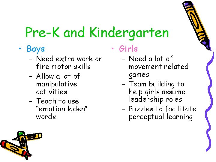 Pre-K and Kindergarten • Boys – Need extra work on fine motor skills –