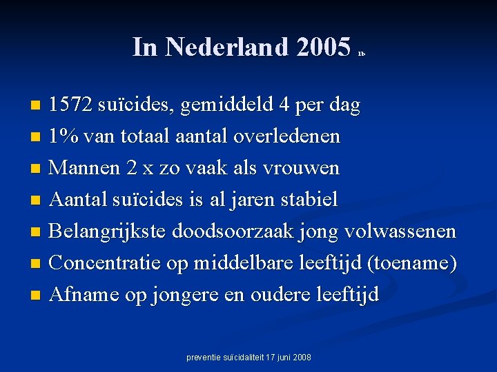 In Nederland 2005 1 b 1572 suïcides, gemiddeld 4 per dag n 1% van