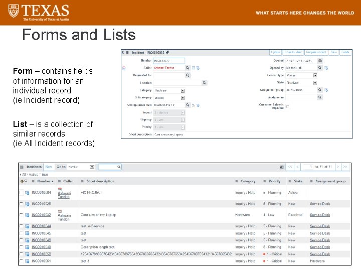 Forms and Lists Form – contains fields of information for an individual record (ie