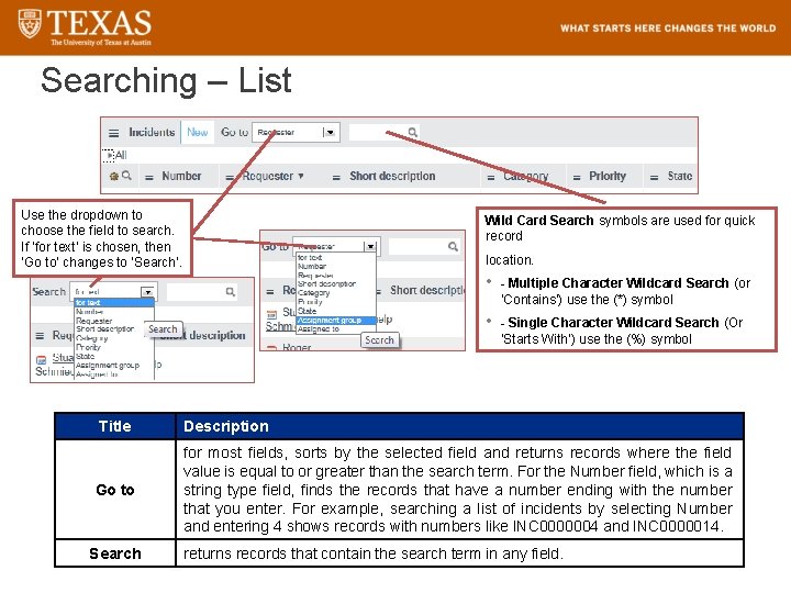 Searching – List Use the dropdown to choose the field to search. If ‘for