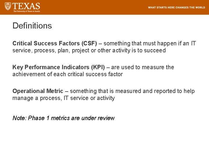 Definitions Critical Success Factors (CSF) – something that must happen if an IT service,