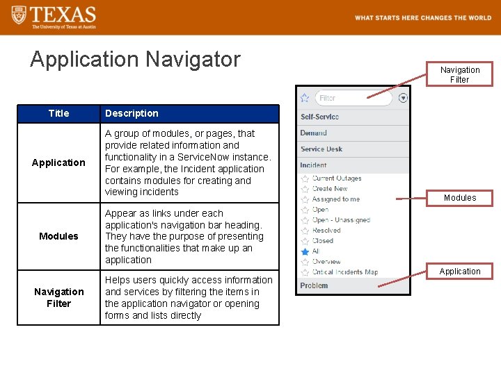 Application Navigator Title Application Modules Navigation Filter Description A group of modules, or pages,