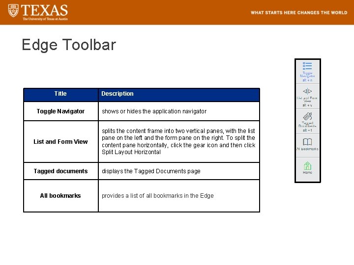 Edge Toolbar Title Toggle Navigator Description shows or hides the application navigator List and