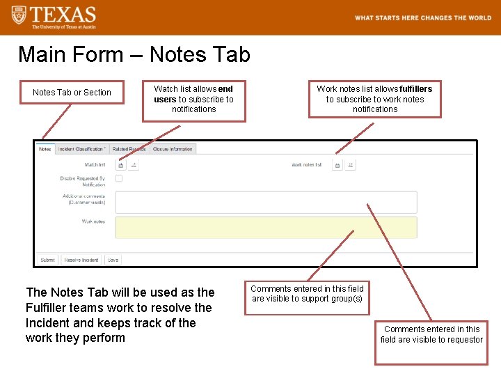 Main Form – Notes Tab or Section Watch list allows end users to subscribe