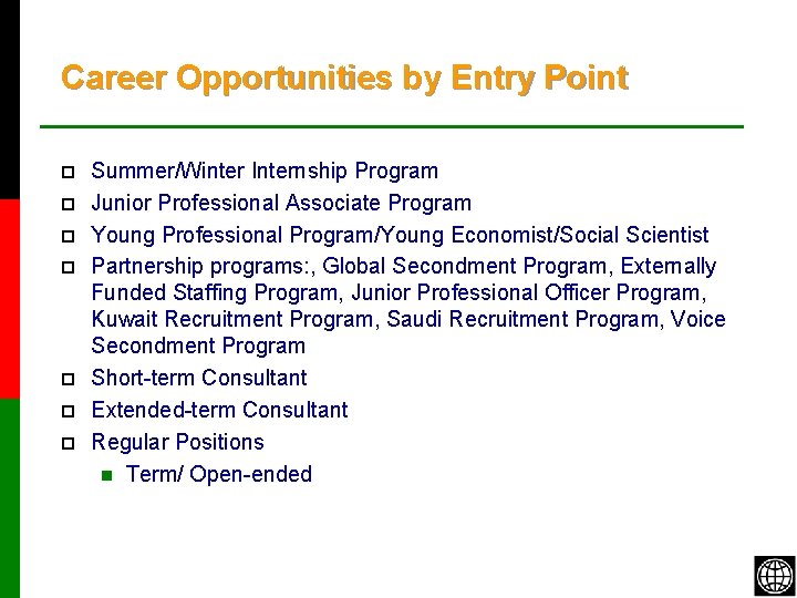 Career Opportunities by Entry Point p p p p Summer/Winter Internship Program Junior Professional