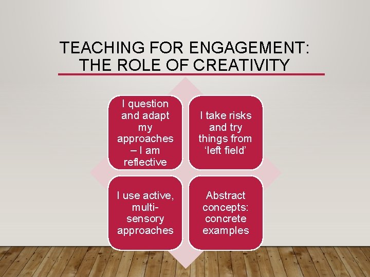 TEACHING FOR ENGAGEMENT: THE ROLE OF CREATIVITY I question and adapt my approaches –