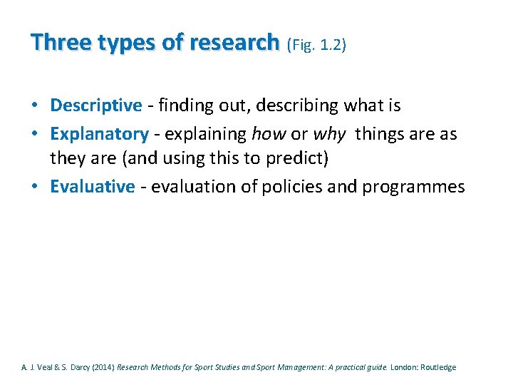 Three types of research (Fig. 1. 2) • Descriptive - finding out, describing what