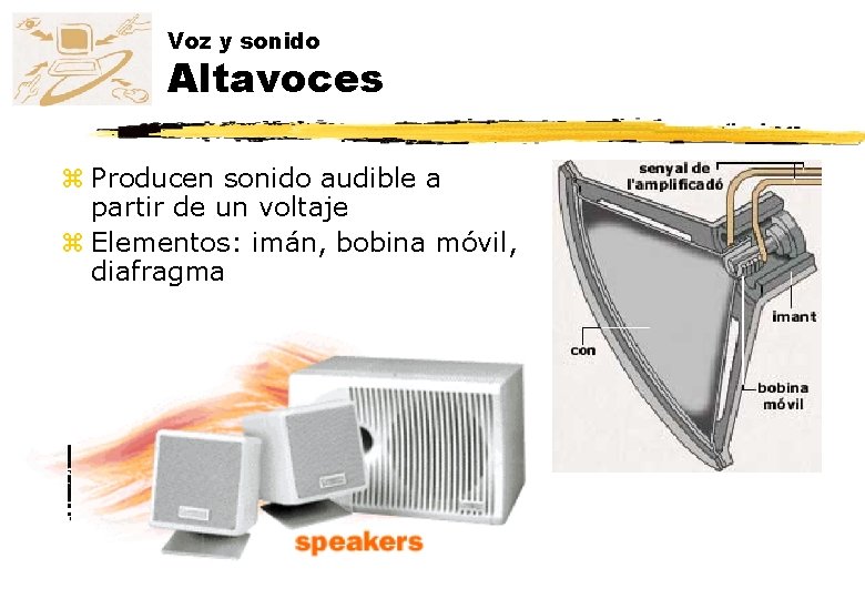 Voz y sonido Altavoces z Producen sonido audible a partir de un voltaje z Voz y sonido Altavoces z Producen sonido audible a partir de un voltaje z