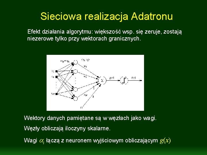Sieciowa realizacja Adatronu Efekt działania algorytmu: większość wsp. się zeruje, zostają niezerowe tylko przy Sieciowa realizacja Adatronu Efekt działania algorytmu: większość wsp. się zeruje, zostają niezerowe tylko przy