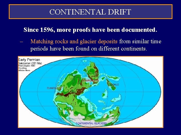 CONTINENTAL DRIFT Since 1596, more proofs have been documented. – Matching rocks and glacier CONTINENTAL DRIFT Since 1596, more proofs have been documented. – Matching rocks and glacier