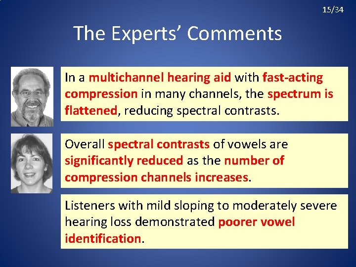 15/34 The Experts’ Comments In a multichannel hearing aid with fast-acting compression in many