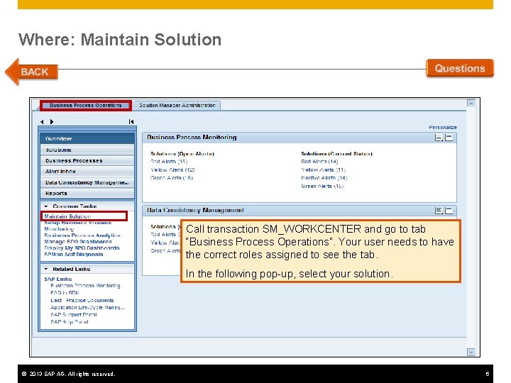 Where: Maintain Solution Call transaction SM_WORKCENTER and go to tab “Business Process Operations”. Your