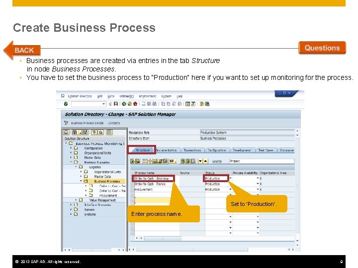 Create Business Process • Business processes are created via entries in the tab Structure