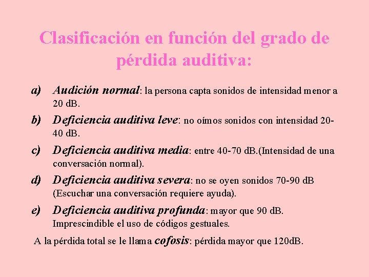 Clasificación en función del grado de pérdida auditiva: a) Audición normal: la persona capta