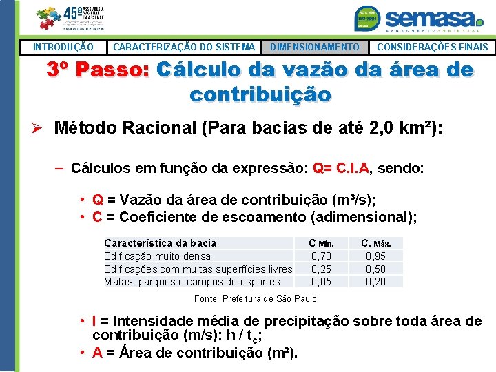 INTRODUÇÃO CARACTERIZAÇÃO DO SISTEMA DIMENSIONAMENTO CONSIDERAÇÕES FINAIS 3º Passo: Cálculo da vazão da área