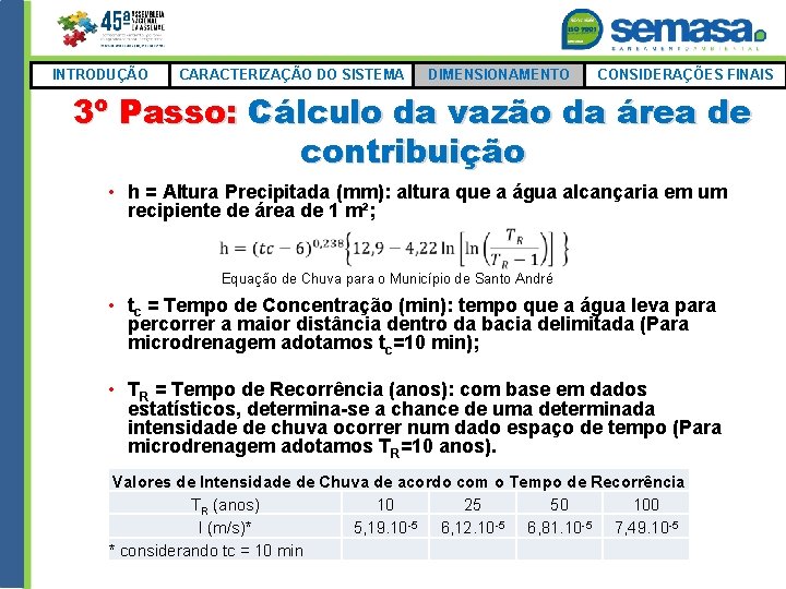 INTRODUÇÃO CARACTERIZAÇÃO DO SISTEMA DIMENSIONAMENTO CONSIDERAÇÕES FINAIS 3º Passo: Cálculo da vazão da área