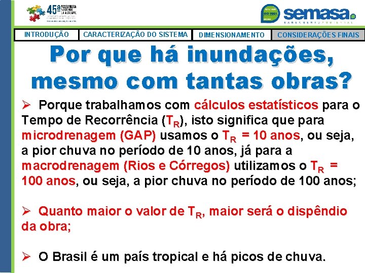 INTRODUÇÃO CARACTERIZAÇÃO DO SISTEMA DIMENSIONAMENTO CONSIDERAÇÕES FINAIS Por que há inundações, mesmo com tantas