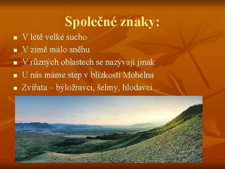 Společné znaky: n n n V létě velké sucho V zimě málo sněhu V