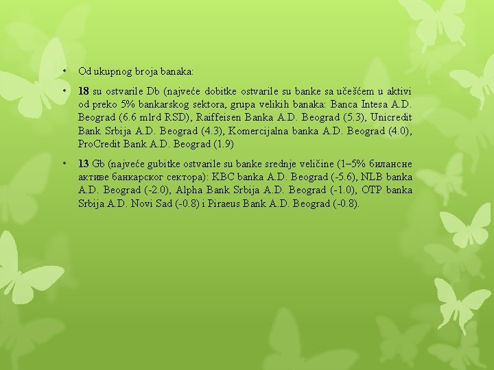 • Od ukupnog broja banaka: • 18 su ostvarile Db (najveće dobitke ostvarile • Od ukupnog broja banaka: • 18 su ostvarile Db (najveće dobitke ostvarile