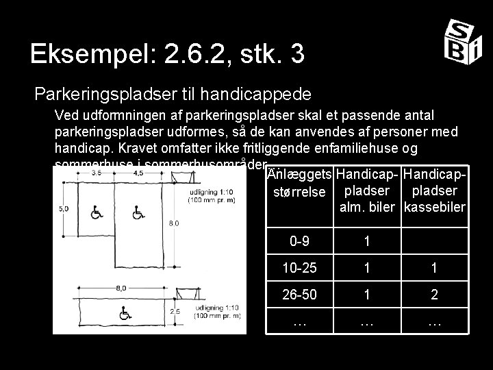 Eksempel: 2. 6. 2, stk. 3 Parkeringspladser til handicappede Ved udformningen af parkeringspladser skal