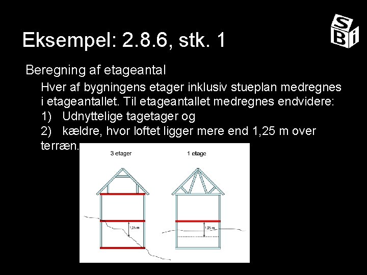 Eksempel: 2. 8. 6, stk. 1 Beregning af etageantal Hver af bygningens etager inklusiv